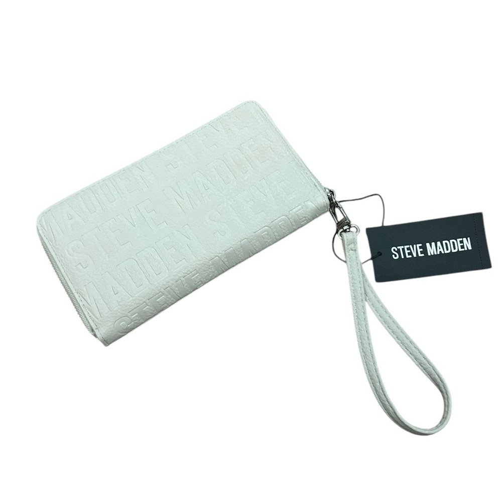 Steve Madden Cream Stamped Logo Zip Around Organizer Wristlet Wallet NWT - Picture 2 of 11